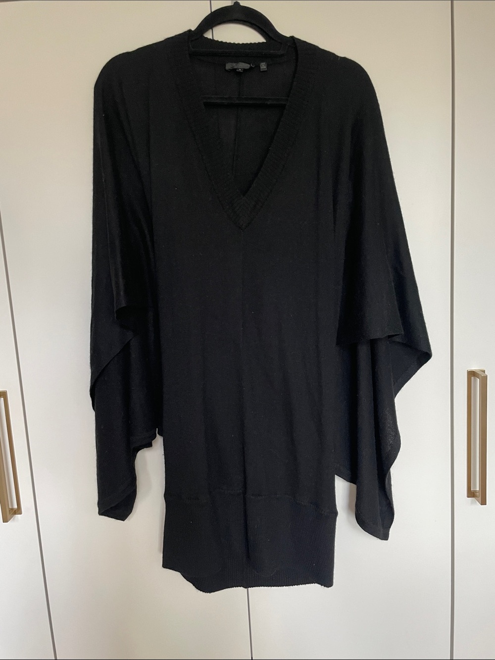 Women's Black Cape V-Neck Draped Knit Sweater Dress